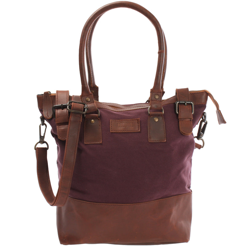 Leconi Schultertasche Handtasche kleiner Shopper Leder Canvas bordeaux LE0056