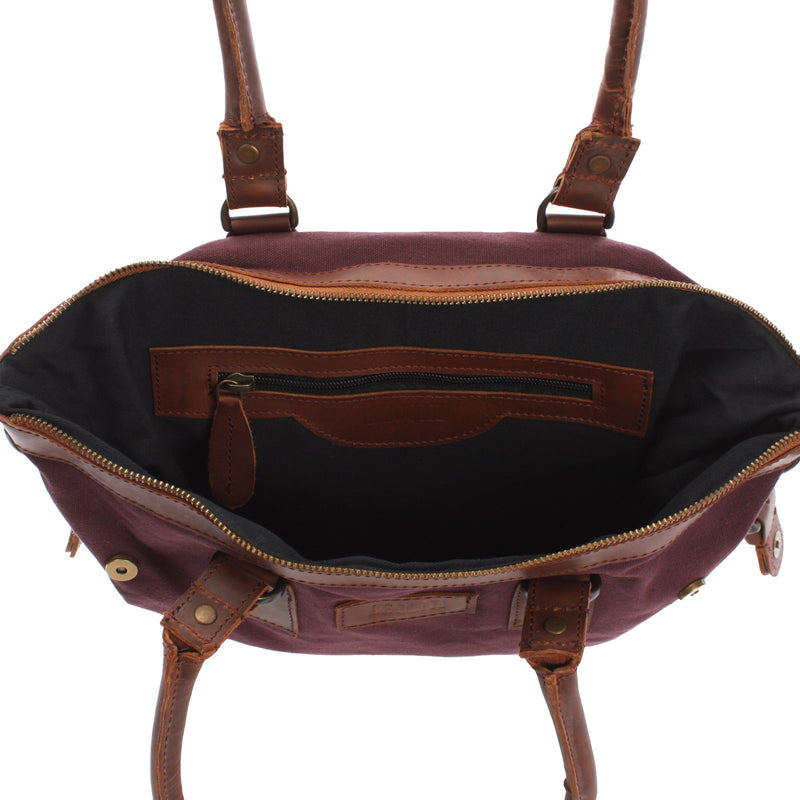 Leconi Schultertasche Handtasche kleiner Shopper Leder Canvas bordeaux LE0056 Blitzverkäufe