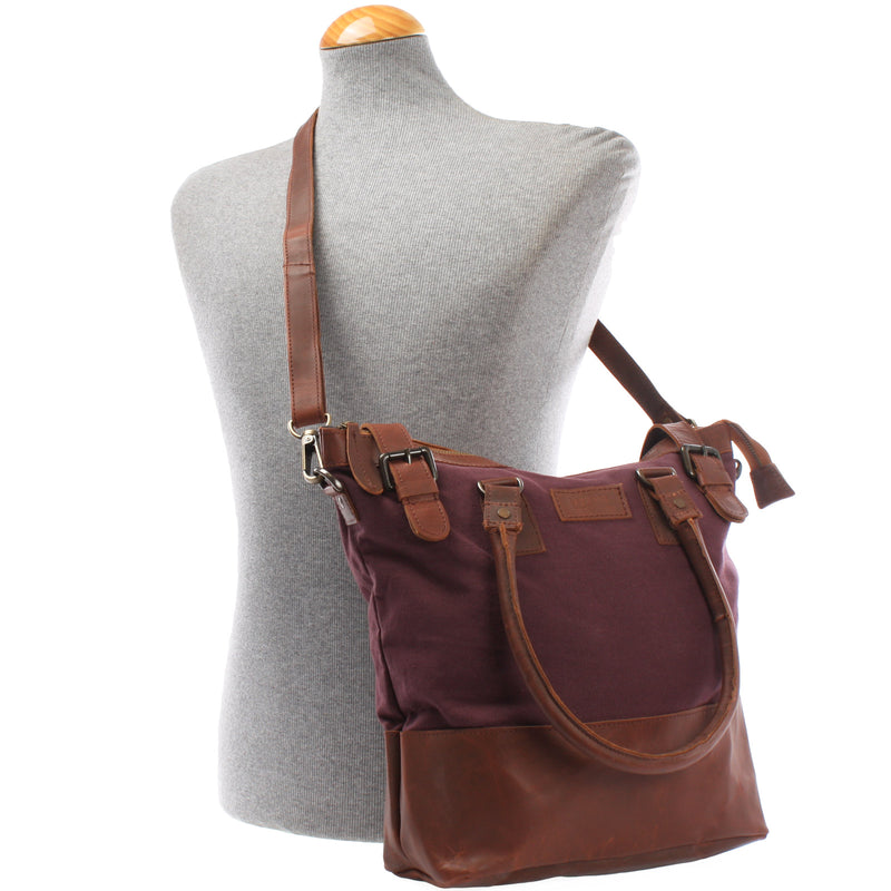 Leconi Schultertasche Handtasche kleiner Shopper Leder Canvas bordeaux LE0056 Blitzverkäufe