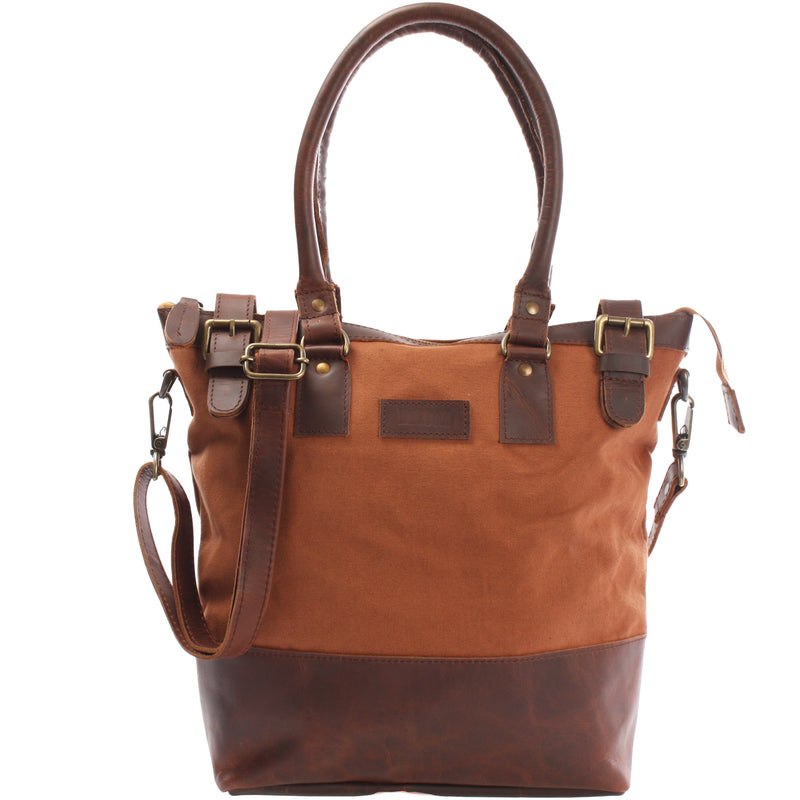 Leconi Schultertasche Handtasche kleiner Shopper Leder Canvas cognac LE0056