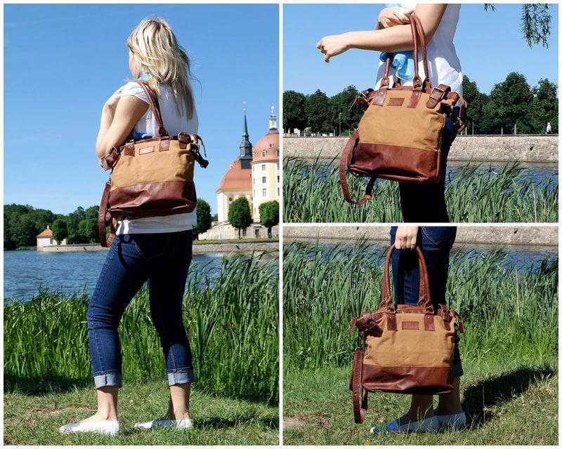Leconi Schultertasche Handtasche kleiner Shopper Leder Canvas cognac LE0056 Kostenloser Versand