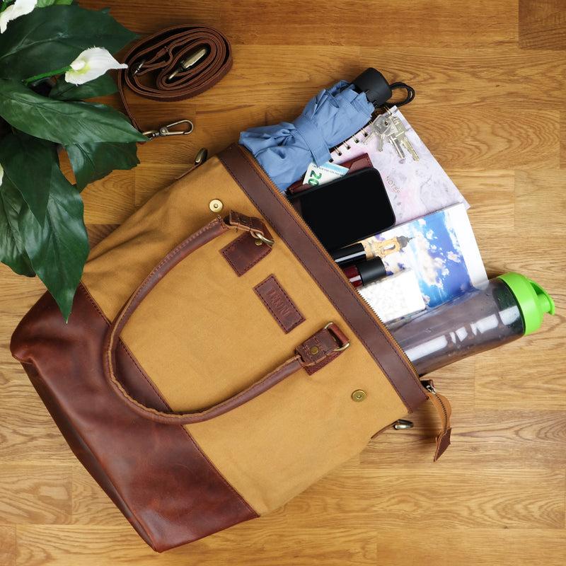 Leconi Schultertasche Handtasche kleiner Shopper Leder Canvas cognac LE0056 Kostenloser Versand
