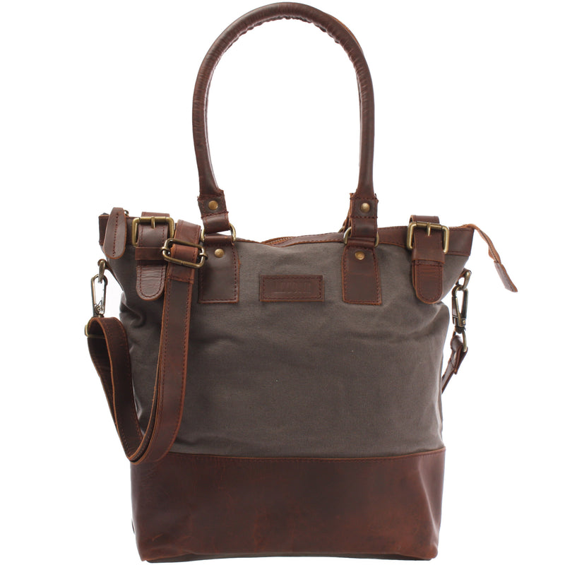 Leconi Schultertasche Handtasche kleiner Shopper Leder Canvas grau LE0056