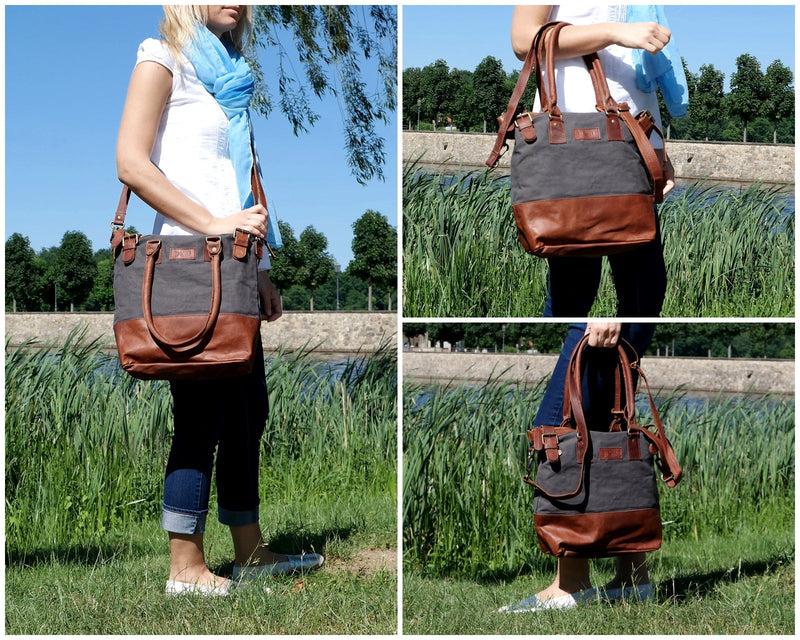Leconi Schultertasche Handtasche kleiner Shopper Leder Canvas grau LE0056 Limitierter Zeitrabatt