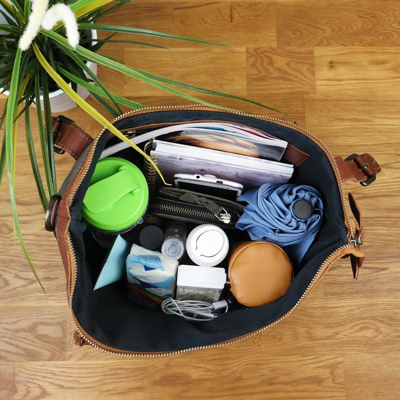 Leconi Schultertasche Handtasche kleiner Shopper Leder Canvas grau LE0056 Limitierter Zeitrabatt