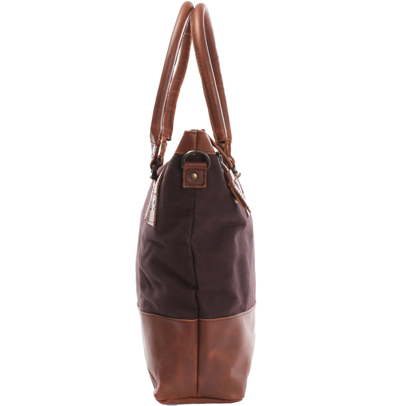 Leconi Schultertasche Handtasche kleiner Shopper Leder Canvas mokka LE0056 Fabrik Onlineshop
