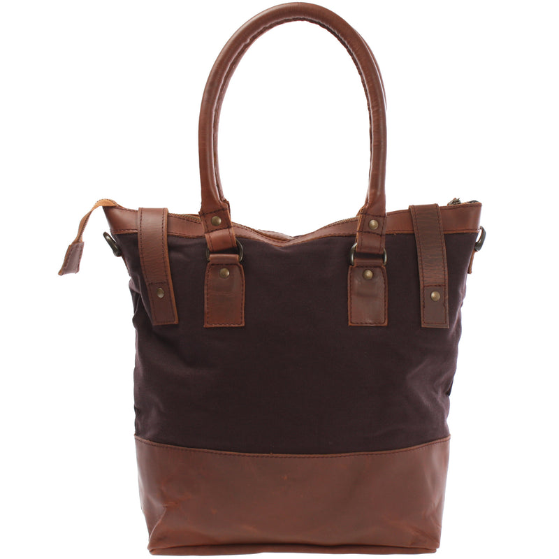 Leconi Schultertasche Handtasche kleiner Shopper Leder Canvas mokka LE0056 Fabrik Onlineshop