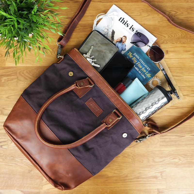 Leconi Schultertasche Handtasche kleiner Shopper Leder Canvas mokka LE0056 Fabrik Onlineshop
