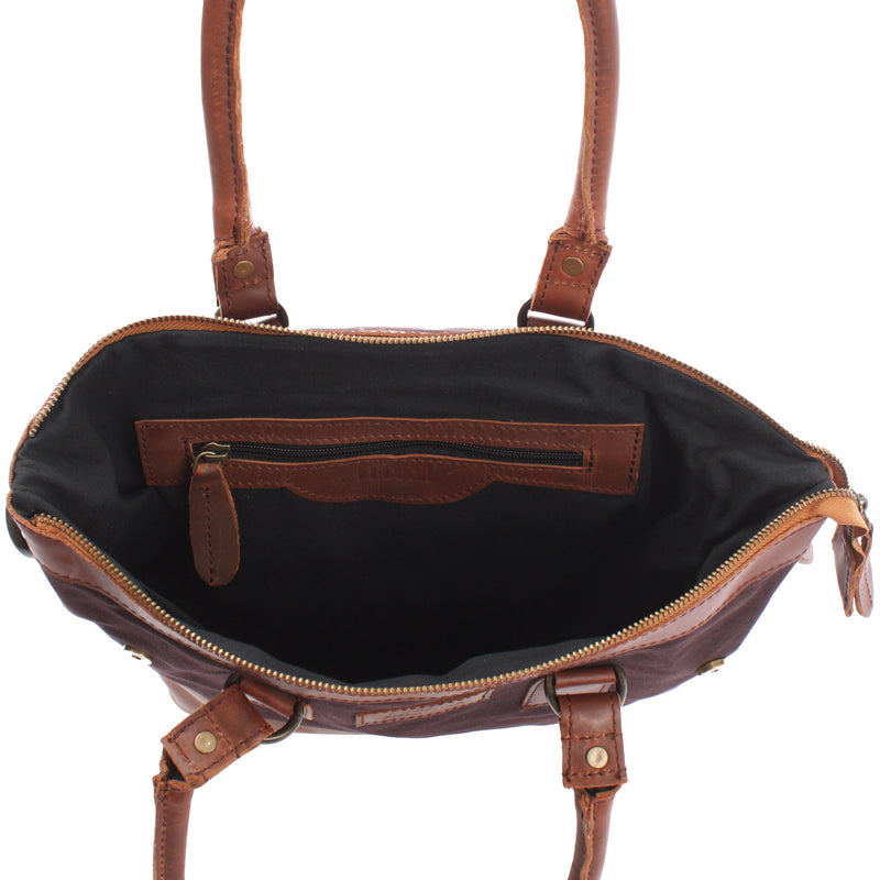 Leconi Schultertasche Handtasche kleiner Shopper Leder Canvas mokka LE0056 Fabrik Onlineshop