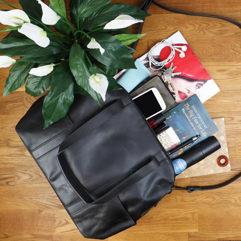 Leconi Shopper Schultertasche Henkeltasche Damen Handtasche Leder dunkelgrau LE0061 Fabrikpreis
