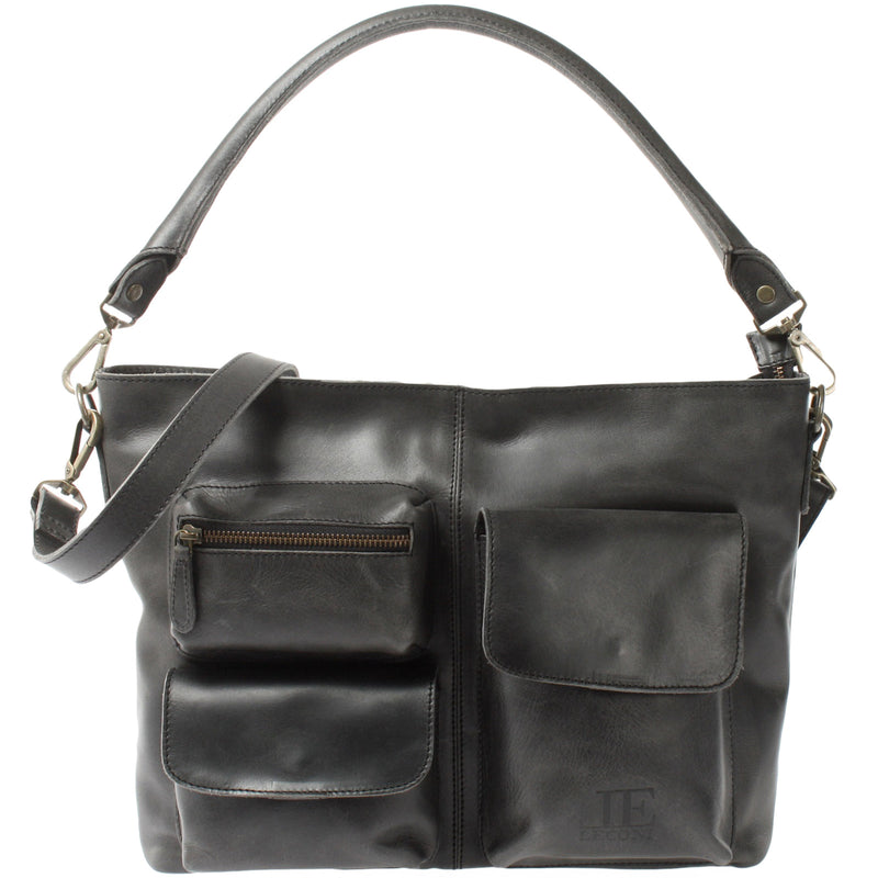 Leconi Schultertasche Umhängetasche Ledertasche Leder Damen dunkelgrau LE0062 Sonderangebot