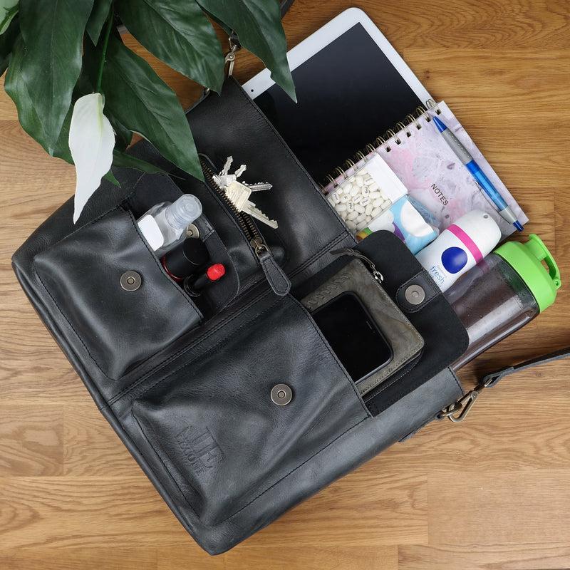 Leconi Schultertasche Umhängetasche Ledertasche Leder Damen dunkelgrau LE0062 Sonderangebot