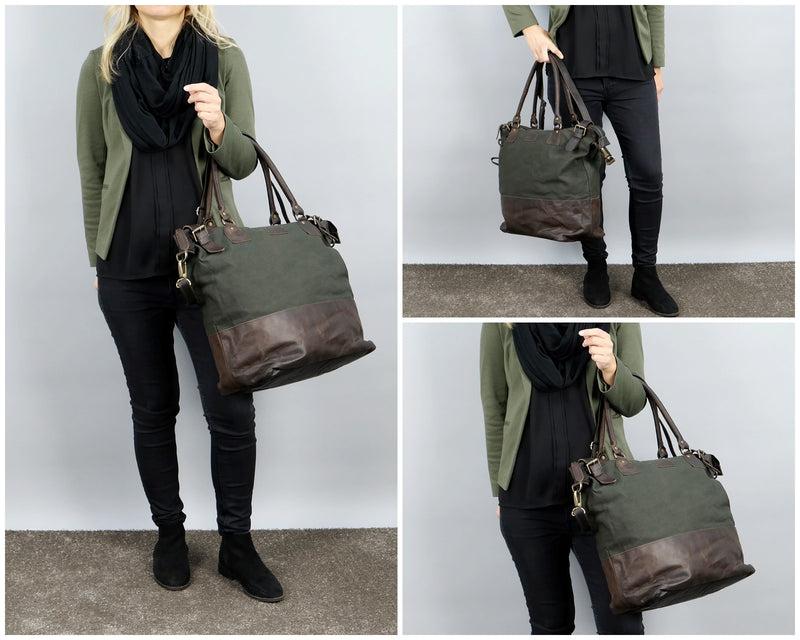 Leconi XXL Shopper Schultertasche Beuteltasche Leder Canvas grün LE2005 Günstig kaufen
