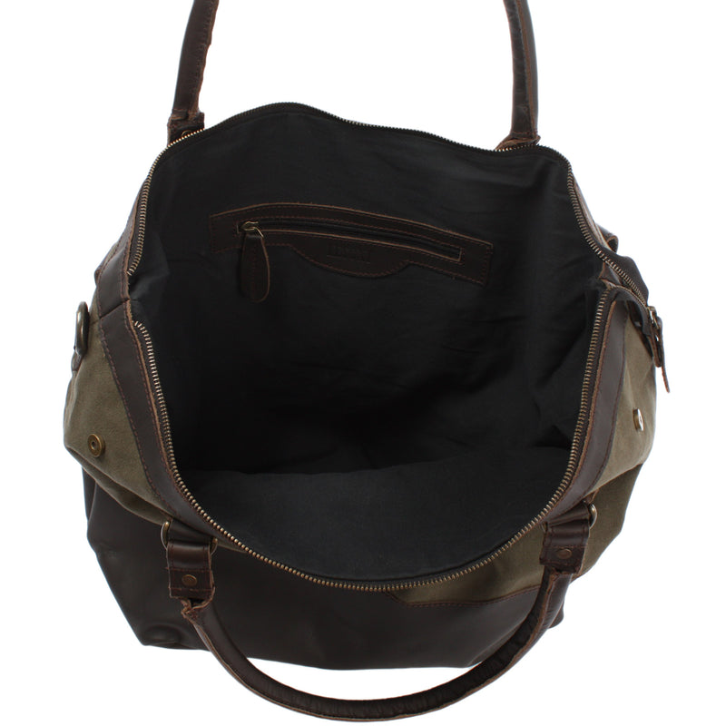 Leconi XXL Shopper Schultertasche Beuteltasche Leder Canvas grün LE2005 Günstig kaufen
