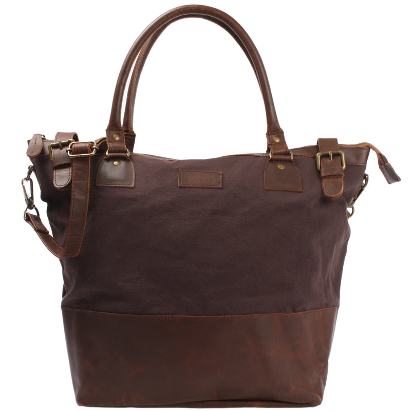 Leconi XXL Shopper Schultertasche Beuteltasche Leder Canvas mokka LE2005 Versandkostenfrei