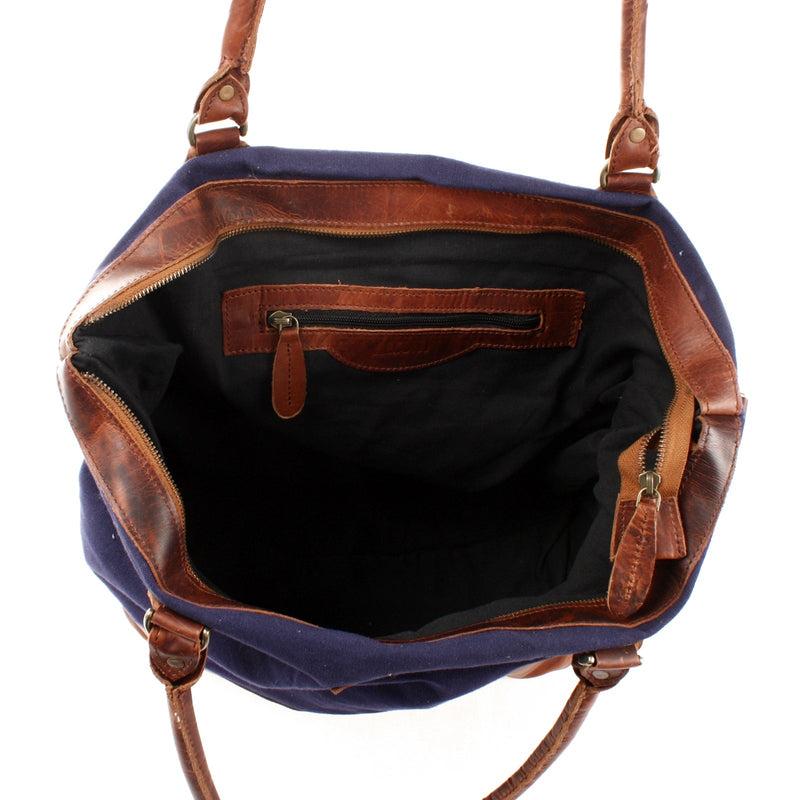 Leconi XXL Shopper Schultertasche Beuteltasche Leder Canvas navy LE2005 Großer Ausverkauf