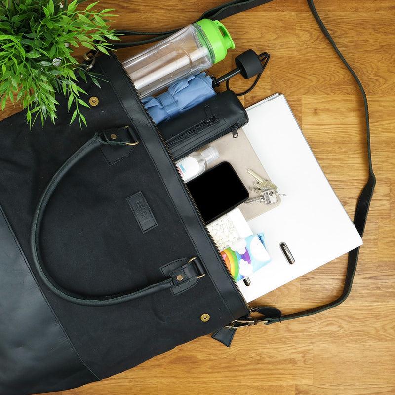 Leconi XXL Shopper Schultertasche Beuteltasche Leder Canvas schwarz LE2005 Flash Sale