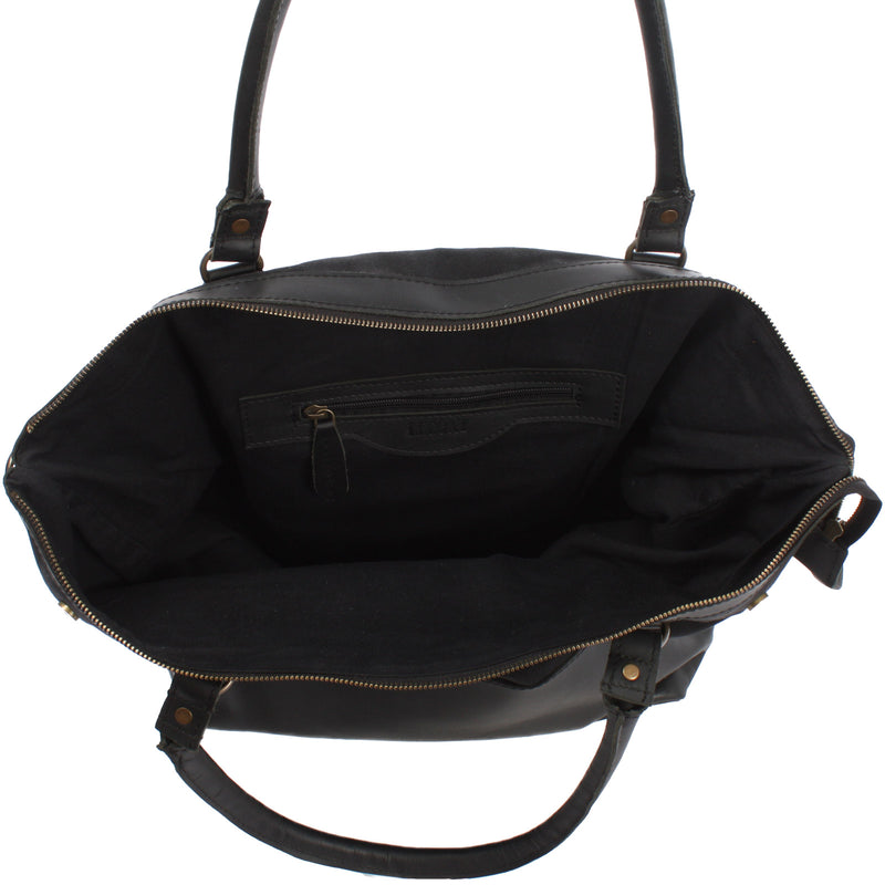 Leconi XXL Shopper Schultertasche Beuteltasche Leder Canvas schwarz LE2005 Flash Sale