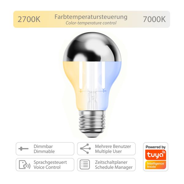 E27 LED Leuchtmittel, A60, warmweiß - kaltweiß (2700 - 7000 K), 4,8 W, 486lm, Smart Home, WLAN, Alexa, Kopfspiegel (silber) VIP-Rabatte