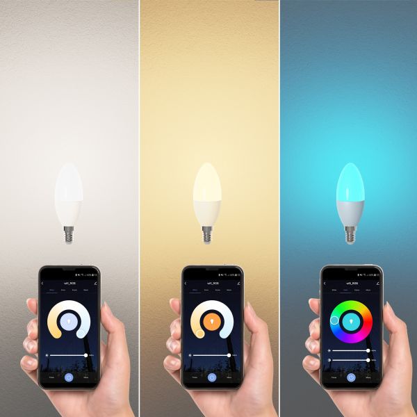E14 LED RGB Leuchtmittel, Kerze, warmweiß - kaltweiß (2900 - 6400 K), 5,1 W, 572lm, Smart Home, WLAN, Alexa, matt Vierteljährliche Förderung