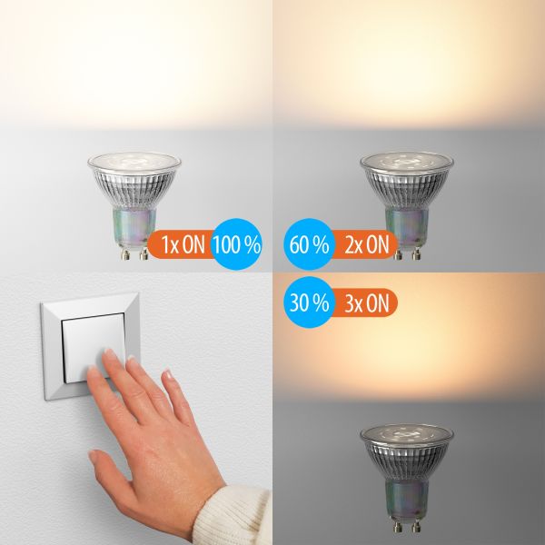 GU10 LED Leuchtmittel, PAR16, warmweiß (2800 K), 6,3 W, 374lm, 70°, 3-Stufen-Dimmer, Reflektorspiegel (silber) Clearance-Verkauf