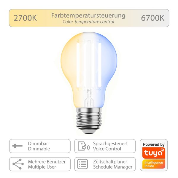 E27 LED Leuchtmittel, A60, warmweiß - kaltweiß (2700 - 6700 K), 7 W, 1005lm, Smart Home, WLAN, Alexa zollfrei