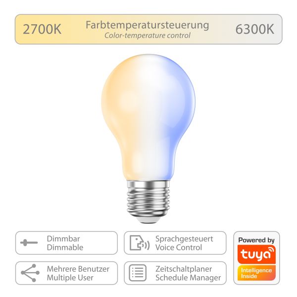 E27 LED Leuchtmittel, A60, warmweiß - kaltweiß (2700 - 6300 K), 6,7 W, 918lm, Smart Home, WLAN, Alexa, Milchglas Rabatte dieses Monats