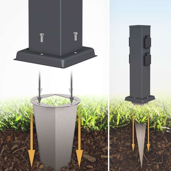 Garten-Steckdosen-Säule Polly mit Erdspieß für außen, 4-Fach, Edelstahl, eckig, 38cm (Farbe, Mit Kabel wählbar) Zeitbegrenzte Promotion