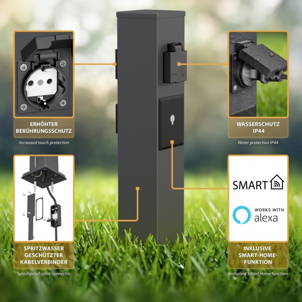 Garten-Steckdosen-Säule Polly für außen, 3-Fach, Smart Home, Edelstahl, eckig, 38cm (Farbe wählbar) Bis zu 65% Rabatt