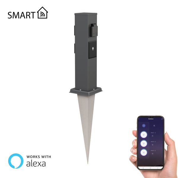 Garten-Steckdosen-Säule Polly mit Erdspieß für außen, 3-Fach, Smart Home, Edelstahl, eckig, 38cm (Farbe, Mit Kabel wählbar) Vierteljährliche Förderung