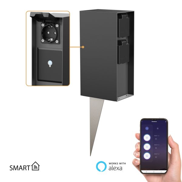 Garten-Steckdosensäule POMI mit Erdspieß für außen, IP44, Smart Home, WLAN, Alexa, 3-fach (Farbe, Mit Kabel wählbar) Fabrikladen