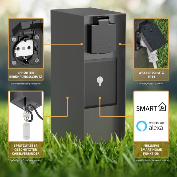 Garten-Steckdosensäule POMI mit Erdspieß für außen, IP44, Smart Home, WLAN, Alexa, 3-fach (Farbe, Mit Kabel wählbar) Fabrikladen