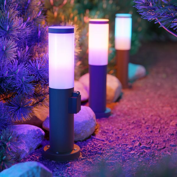Pollerleuchte PORU mit Erdspieß für außen, edelstahl, rund, 38,5cm, Steckdose, inkl. Smart Home RGBW E27 LED Lampe, 892lm (Farbe, Mit Kabel wählbar) Meist gekauft