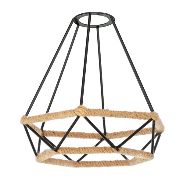 3m Textilkabel RETRA, Vintage, schwarz, E27 Fassung, Stecker, Schalter, Käfig-Schirm, schwarz mit Hanf, 200mm Ø Sonderangebot der Fabrik