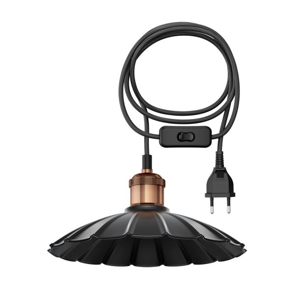 3m Textilkabel RETRA, Vintage, Stecker, Schalter, Lampenschirm mit Wellenrand, 245mm Ø (Farbe wählbar)