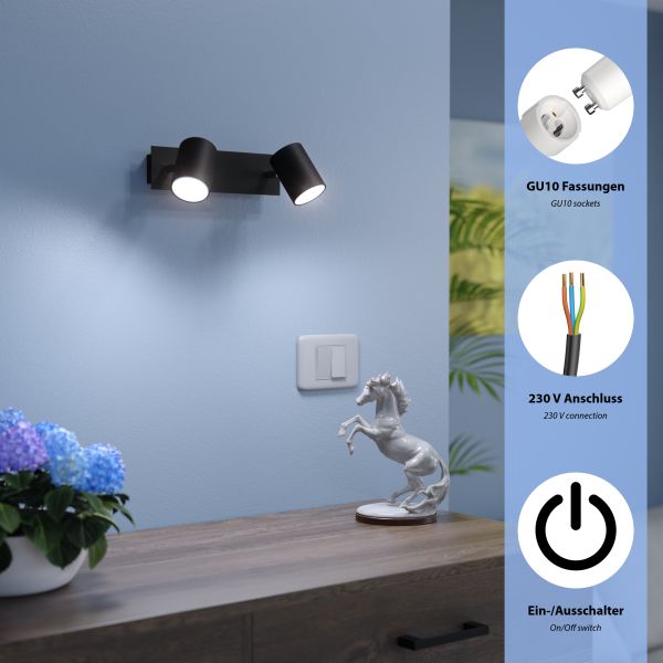 Wandspot WAIKA, zweiflammig, mit Schalter, schwarz matt, inkl. Smart Home RGBW GU10 LED Lampen je 473lm Angebote