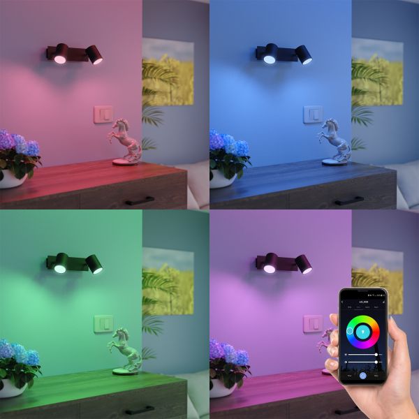 Wandspot WAIKA, zweiflammig, mit Schalter, schwarz matt, inkl. Smart Home RGBW GU10 LED Lampen je 473lm Angebote