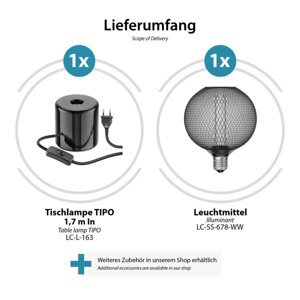 Tischlampe TIPO Porzellan, Stecker, Schalter, schwarz, inkl. E27 LED, G120, extra warmweiß, 4W, 220lm Fabrikverkauf