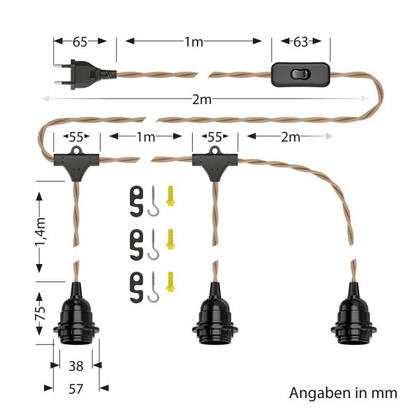 Hanf-Kabel / Textilkabel LEKA, Stecker, Schalter, beige , 8 m, Lampen-Fassung, 3x E27 max. 60W Limitierter Zeitrabatt