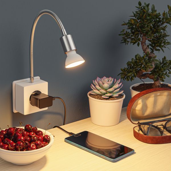 Steckdosenlampe LESCH Leselampe, chrom/weiß inkl. Smart Home GU10 LED Lampe 5,5W, 473lm Fabrikpreis