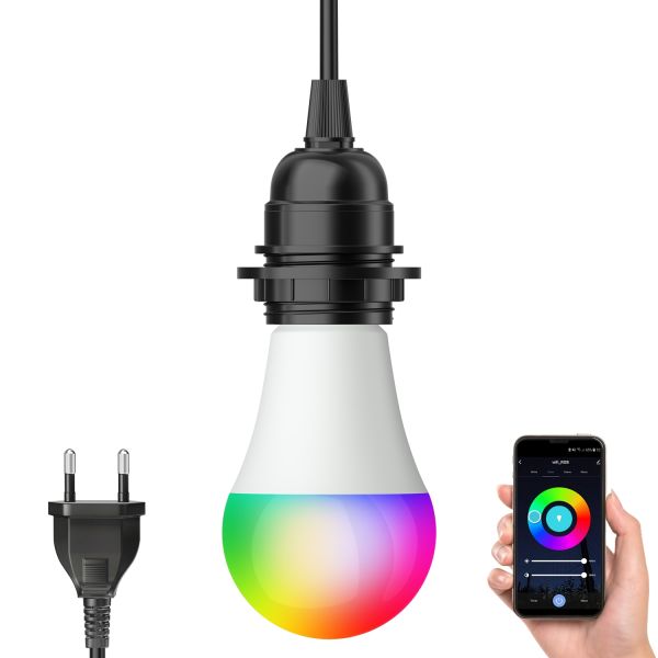 Kabel LEKA mit Stecker, Schalter und E27 Fassung, schwarz, 3m, inkl. Smart Home RGBW LED Lampe, 8,89W, 892lm