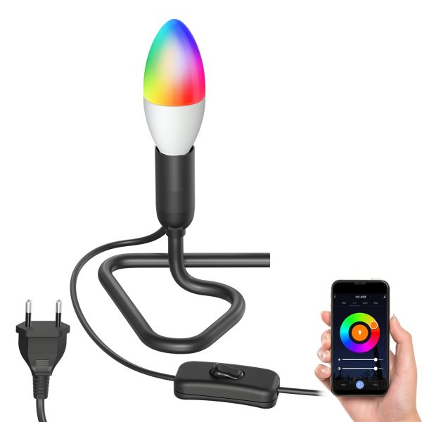 Tischlampe TRIN schwarz mit Stecker und Schalter, inkl. Smart Home RGBW E14 LED Lampe, 4,925W, 572lm