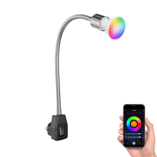 Steckdosenlampe LESCH Leselampe Schwanenhals, Schalter, Chrom inkl. Smart Home RGBW GU10 LED Lampe, 5,41W, 473lm (Farbe wählbar) Steckdosenlampe LESCH Leselampe Schwanenhals, Schalter, Chrom inkl. Smart Home RGBW GU10 LED Lampe, 5,41W, 473lm (Farbe wählbar)
