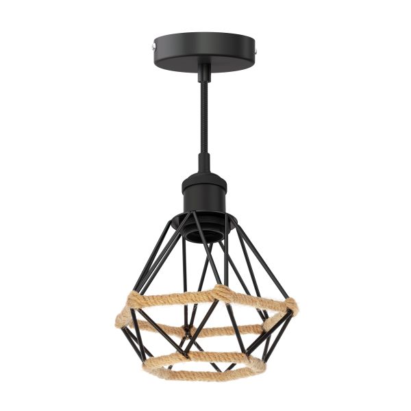 Vintage Pendelleuchte RETRA, schwarz, E27 Fassung, Käfig-Schirm, schwarz mit Hanf, 155mm Ø
