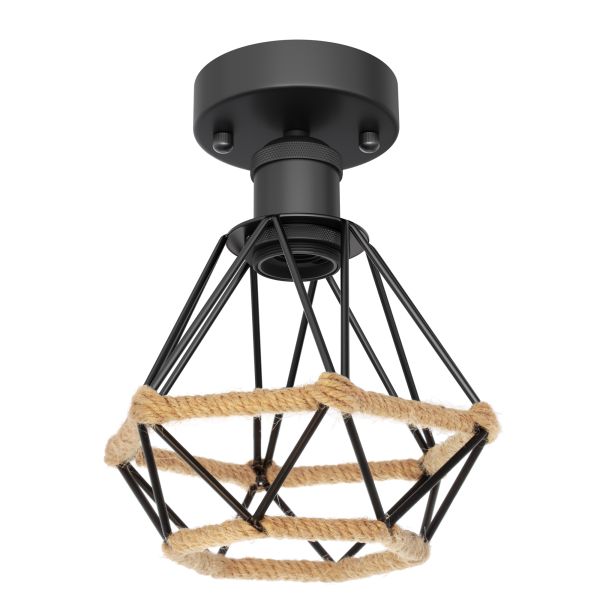 Vintage E27 Deckenleuchte RETRA, schwarz, Käfig-Schirm, schwarz mit Hanf, 155mm Ø