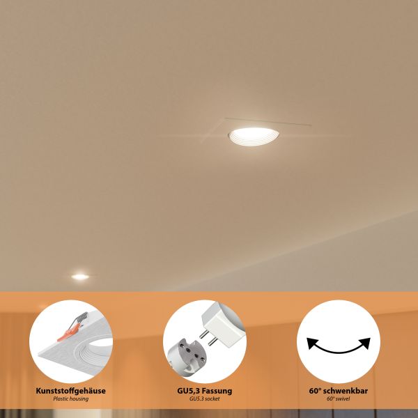 Decken- Einbaurahmen KUN, eckig, schwenkbar (MR16/PAR16/50mm) + GU5.3 Fassung Letzter Tag