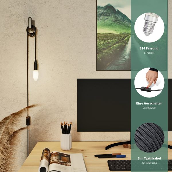 Textilkabel LEHA mit Stecker und Schalter, schwarz, 3m, inkl. Smart Home RGBW E14 LED Lampe, 4,925W, 572lm Im Verkauf