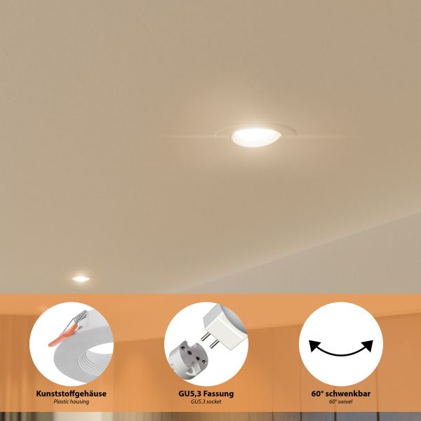 Decken-Einbaurahmen KUN, rund, schwenkbar (MR16/PAR16/50mm) + GU5.3 Fassung Günstig kaufen