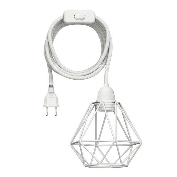 Käfig-Leuchte, weiß, 155mm Ø, Textilkabel LEKA, weiß, Stecker, Schalter und E27 Fassung, 3m