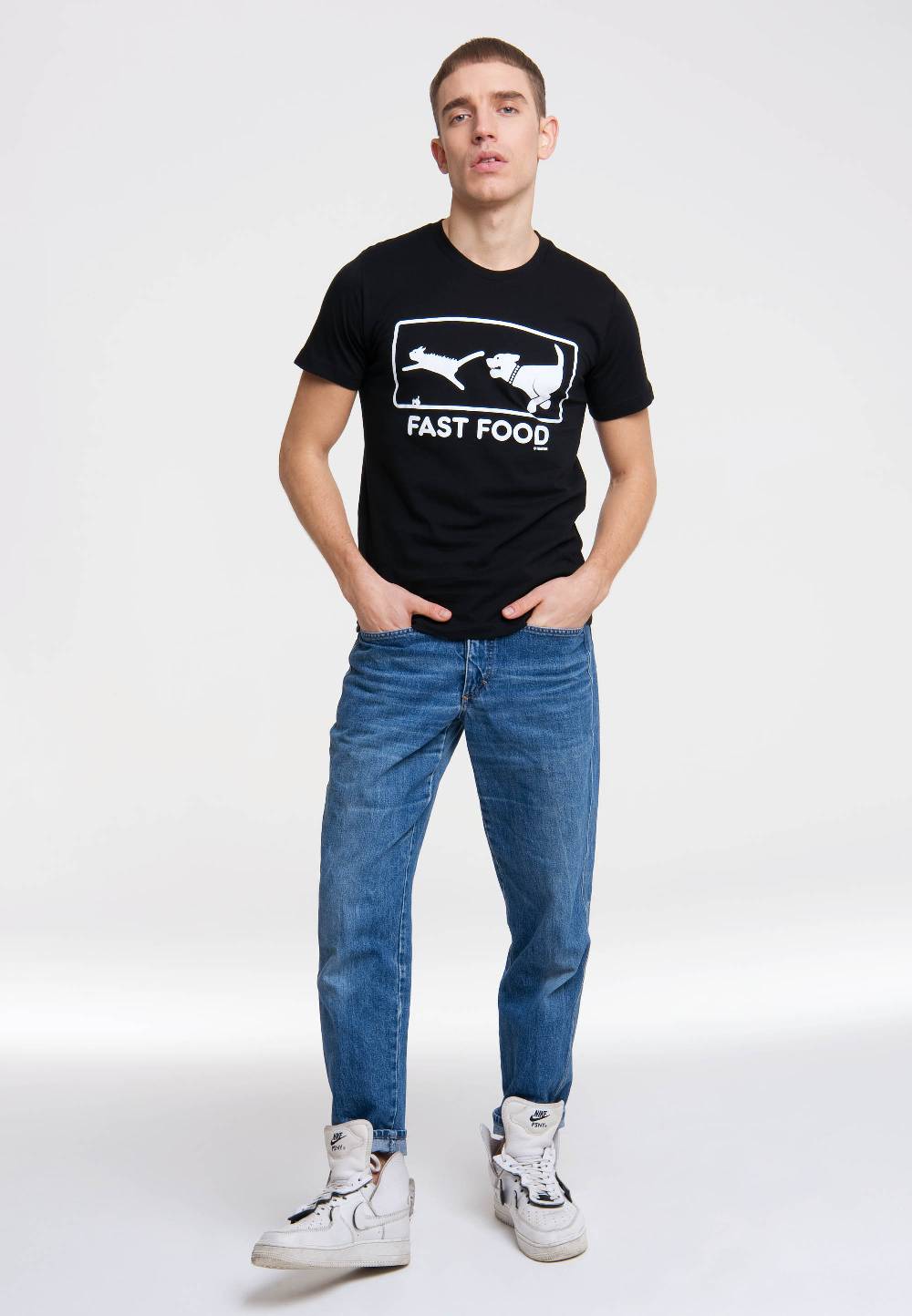 Logoshirt Fast Food - Hund Jagt Katze - T-Shirt Print Outlet